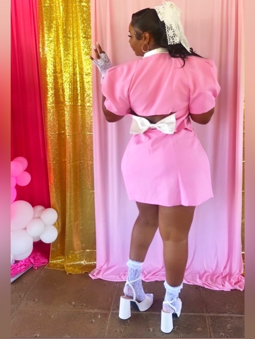 Pink Puff-Sleeve Dress with Bow